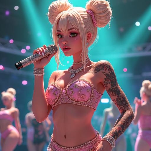 Anime style character on a concert stage. Woman with light blonde hair wearing light pink concert outfit and jewelry. Glamorous appearance with various tattoos. Surrounded by backup dancers. Performing at night in Dallas. Colorful lights from stage. Engaging audience.