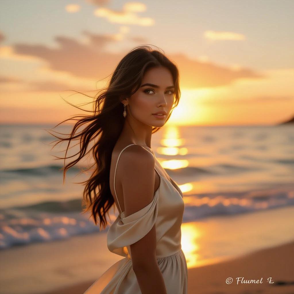 Over-the-shoulder view of a young woman. Long hair flows gently. Wearing a cream satin dress. Standing on a serene beach. Sunset creates a glowing halo around her hair. Ocean reflects warm sunset tones. Soft bokeh and lens flare in the background. Hyper-realistic and dreamy mood.