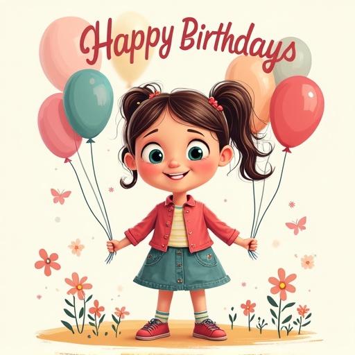 Create a fun and playful birthday card for a girl turning 8. The card features a cheerful girl holding colorful balloons with a hand-drawn style. Portrait aspect ratio. Include the text 'Happy Birthdays.'