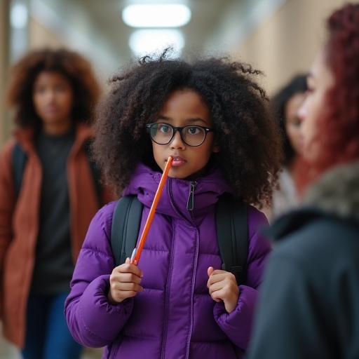 A 20 year old girl with curly black hair is biting a pencil. She is wearing a purple puffer jacket. The girl is glaring in a college hallway. She is with her friends. One friend is a dark skinned red-haired girl. The setting is bright and casual.