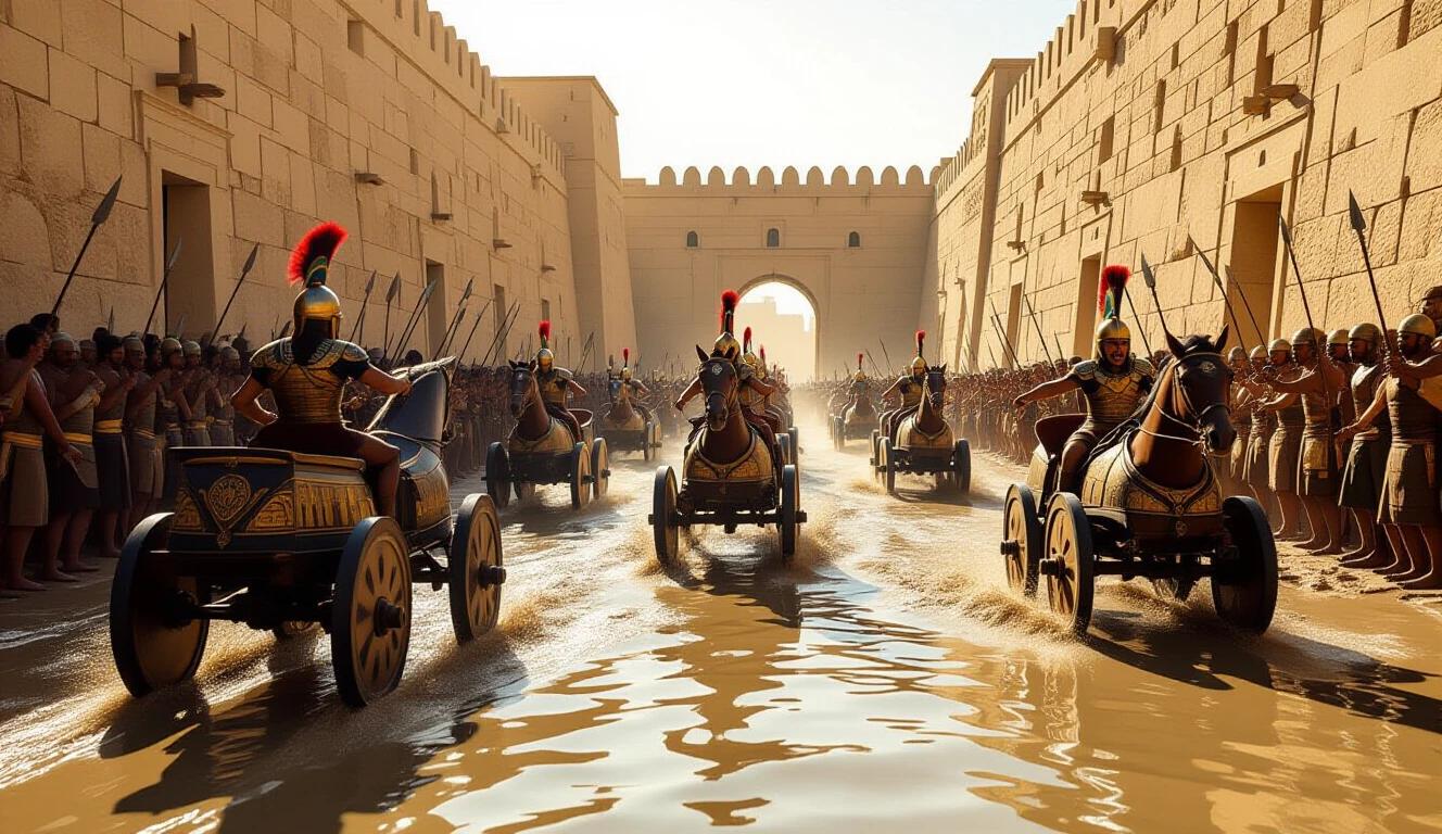 Egyptian chariots race through a water corridor. Wheels sink in the mud. Soldiers shout commands. Armor reflects on the water walls. Overhead light creates hard shadows. The scene captures an epic style.