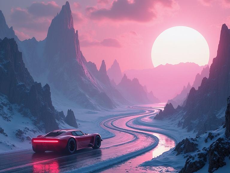 Futuristic landscape with winding road. Vehicle shown on the road with mountains in background. Large sun setting in pink and purple sky.