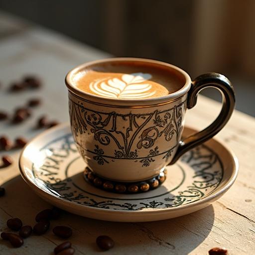 A beautifully designed ceramic coffee cup with a branch pattern. Cup is filled with vibrant latte art. Surrounding coffee beans scattered on the table. Warm, natural light enhances the scene.
