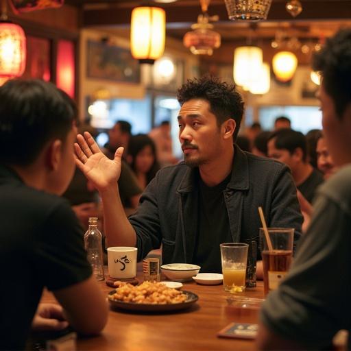 Lively scene inside a Japanese izakaya with a man raising his hand at a wooden table. The atmosphere is bustling and warm with people chatting, traditional lanterns overhead, and drinks and yakitori on the table.