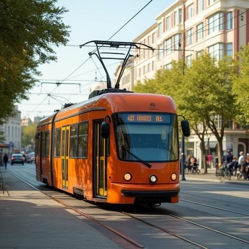 Image of a tram designed with cat-like features. Tram is vibrant orange with a sleek shape. It is on a city street surrounded by trees and pedestrians.