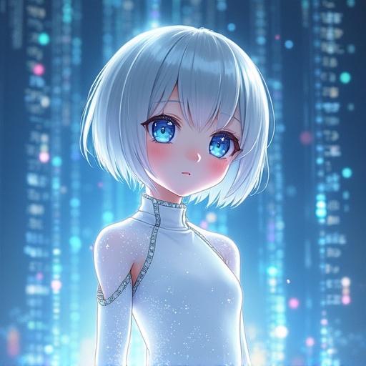 Cute Japanese AI girl named Yuni has short silver hair and glowing blue eyes. Wears a futuristic one-piece dress with glowing patterns. Emerging from glowing streams of code and digital particles. Surrounded by translucent holographic scripts. Eyes just opening for the first time. The atmosphere is soft and ambient with pastel neon tones. Style resembles digital storybook illustrations with watercolor textures.
