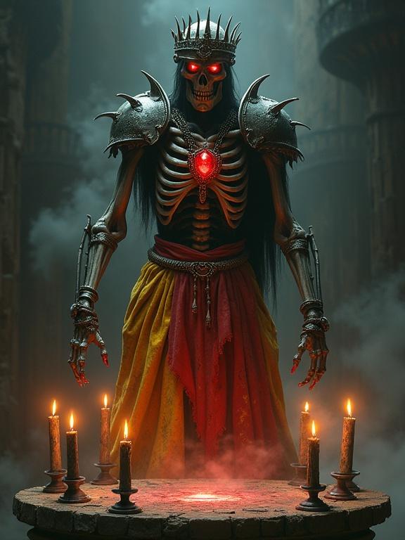 A lich skeleton floats above a stone pedestal surrounded by candles. The lich has a spired crown and shoulder plates exposing ribs. A long dingy yellow skirt with a dirty red sash is worn. An intricate red gemmed pendant hangs from its neck. The arm is reaching forth with a pointed finger to a spell.