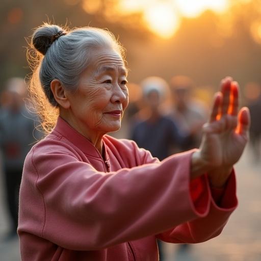 A 65-year-old Chinese grandmother practices tai chi in a Beijing park at sunrise. Silver hair pinned up with a wooden comb. Strands blowing in breeze. Face lined with wrinkles showing stories. Moves slowly, eyes half-closed in calm. Morning light gilds her cheeks. Group of seniors practices nearby, blurred background. Golden hour, serene mood, natural aging, 35mm lens.