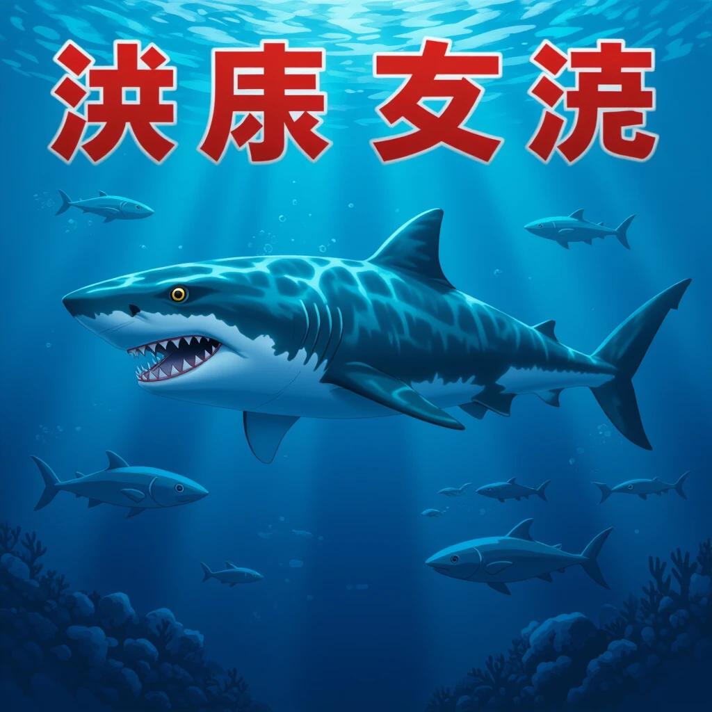 3D animated shark in the center of a deep blue ocean background. Shark has sharp teeth and piercing eyes conveying strength. Overall cold color tones highlight the ocean's depth. Tense and mysterious atmosphere suggesting the shark's powerful presence.