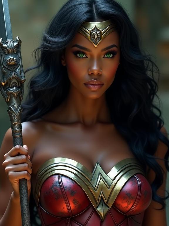 Ultra-realistic portrait of a powerful Black woman inspired by Wonder Woman. She has long black hair and green eyes. Her skin glows with beauty and strength. Costume features matte black, polished silver, and radiant gold. Holds a battle-worn axe with a bear engraving. Armor is metallic and detailed. Background is slightly blurred with dramatic lighting.