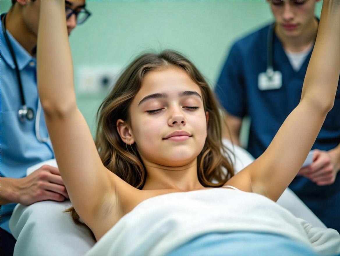 Young woman resting on a medical table. Arms raised above her head. Medical students around her. She is topless. The scene captures a healthcare environment.