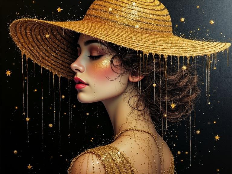 A sensual woman wearing a broad-brimmed hat made of golden straw. The hat resembles a lepiote mushroom and the woman is depicted in a dog-like position. The artwork blends dripping ink painting techniques with splattering methods. Background features shining golden sparkles and star-like diamonds against a dark canvas. The composition highlights bright colors with burnished gold and rust tones bordering the edges.
