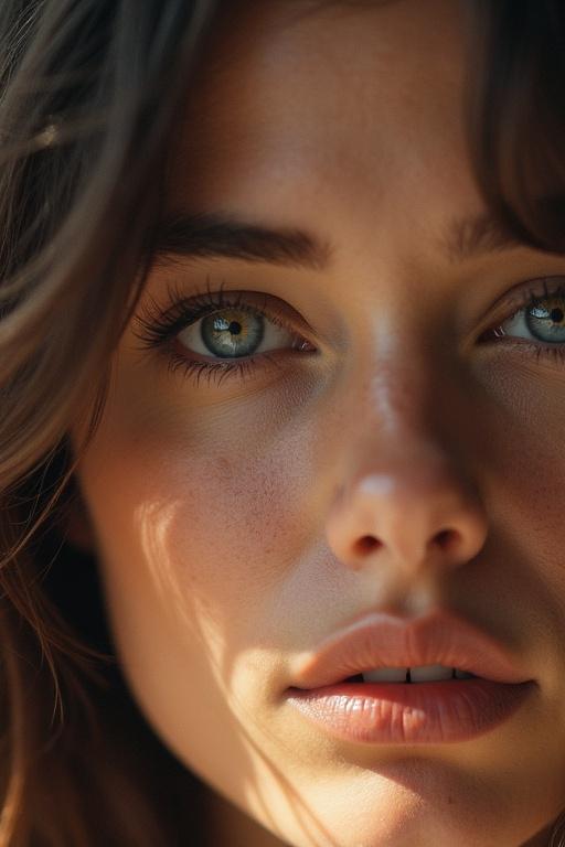 Close-up view of a woman's face focusing on her eyes. Natural lighting highlights her skin and eyes. First-person perspective captures her expression.
