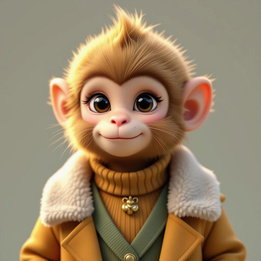 A cartoonish 3D representation of a young male monkey with soft golden fur and a round face. Character has large bright eyes and a small cute nose. Dressed in a stylish outfit featuring a coat and turtleneck. The image presents a warm and inviting character design.