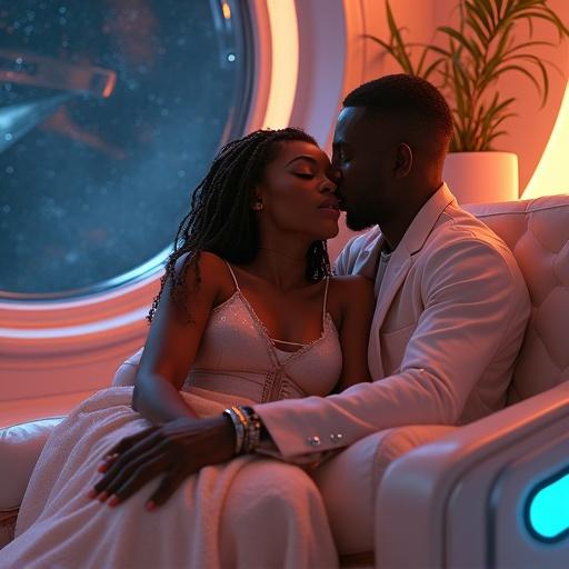 Scene with a couple cuddling on a modern sofa in a luxury spaceship lounge. They wear elegant pastel sci-fi outfits. Woman has intricately braided hair. Soft romantic expressions and warm eye contact. LED lights create an inviting orange glow. Background shows space with stars, nebulae, and planetary rings. Decor includes exotic flora and diamond accents.