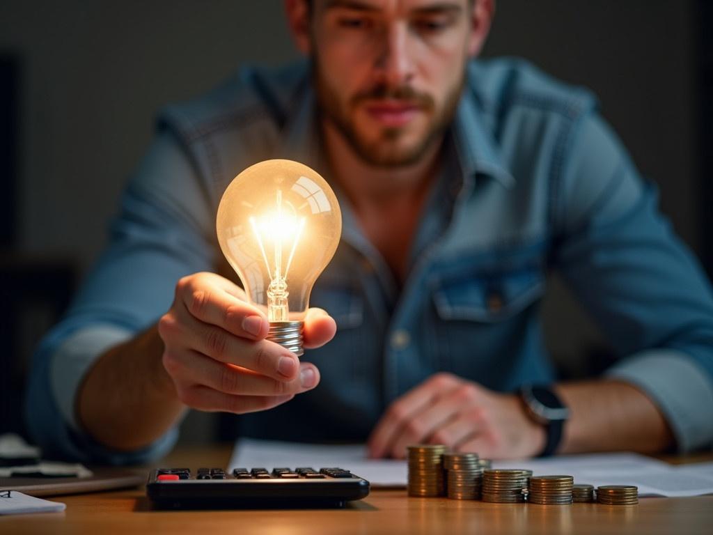 A man is holding a glowing light bulb in his right hand. The light bulb emits a soft, bright glow that illuminates his face with a warm light. In the background, there’s a desk cluttered with coins stacked in various amounts, reflecting the man's focus on finances or investments. He is wearing a denim shirt, and only part of his upper body is visible, showing him leaning towards a calculator with his left hand. The setting has a blurred effect, emphasizing the light bulb and the man’s concentration. The overall atmosphere suggests creativity and innovation related to financial growth.