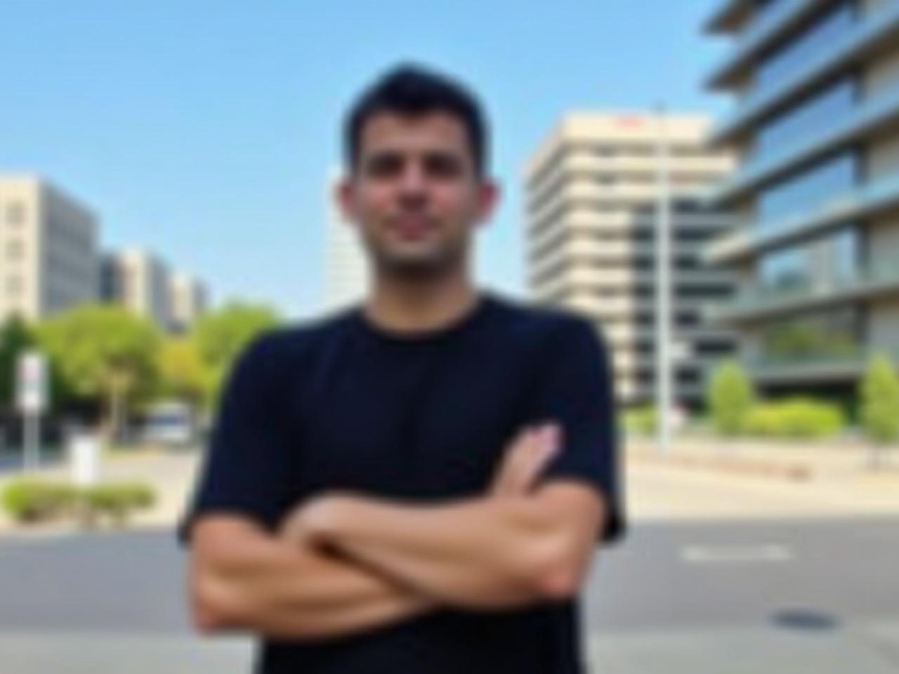 A person stands outdoors with their arms crossed, showing confidence. They are wearing a black t-shirt and have a blurred face, making their identity unclear. The background features modern buildings and some greenery, providing an urban setting. The sky is clear and blue, indicating a sunny day. This scene captures a casual yet assertive pose, likely suggesting the person is comfortable in their surroundings.