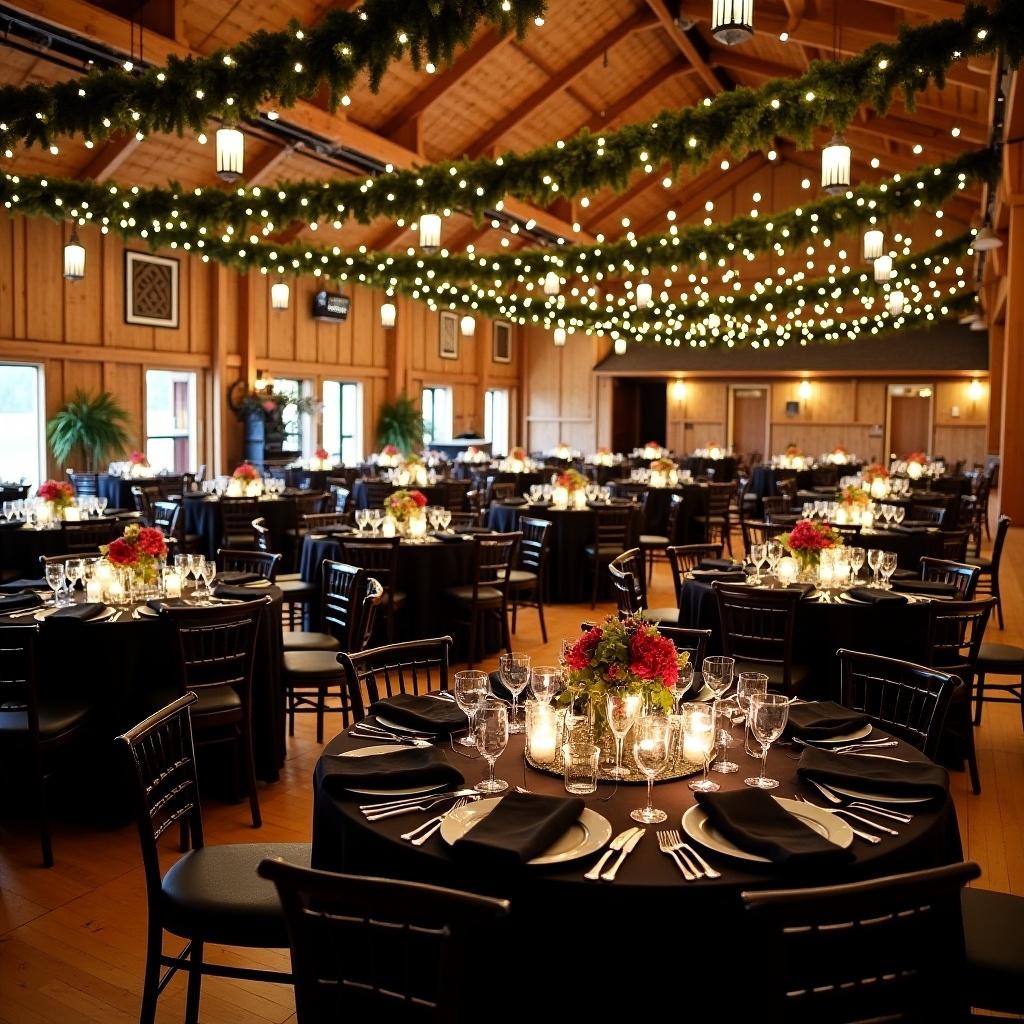 Beautifully decorated event space designed for a Christmas party. Venue features a barn theme. Ceiling has greenery and lantern lights. Warm and festive atmosphere. Dining tables adorned with black tableware and holiday centerpieces. Christmas-themed decor adds seasonal charm. Suitable for festive dinners to larger events.