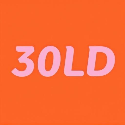 Visual design featuring modern text '30LD'. Background in vibrant orange-red. Text in soft pink. Clean style with curves and rounded edges. Centered layout creating vibrancy.
