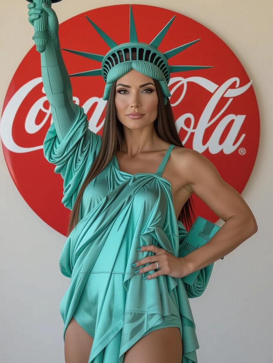 Photograph features a woman cosplaying as Statue of Liberty. Long dark brown hair styled straight. Serious expression. Right arm crosses chest. Left hand on hip. Light brown skin tone. Defined jawline and high cheekbones. Medium-sized breasts. Background with large red circle and Coca-Cola logo. Woman slightly off-center. Eye-level camera angle. Even lighting without harsh shadows. High aesthetic quality. Sharp details and balanced composition. Crown spikes guide focus to face. Medium close-up shot from hips to head. Straightforward view with symmetrical composition.