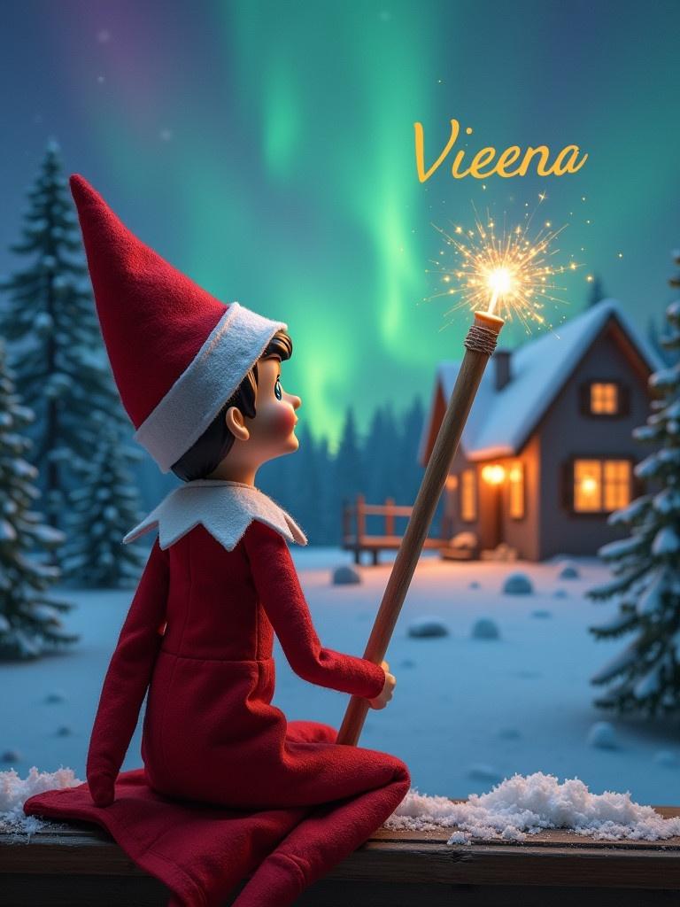 Elf on the shelf sits with back to viewer. Elf gazes up at colorful northern lights. Elf holds glowing wand. Cozy house visible in the distance. Snow covers the ground. Elf embodies magic of Christmas. Name ‘Vieena’ appears from wand.