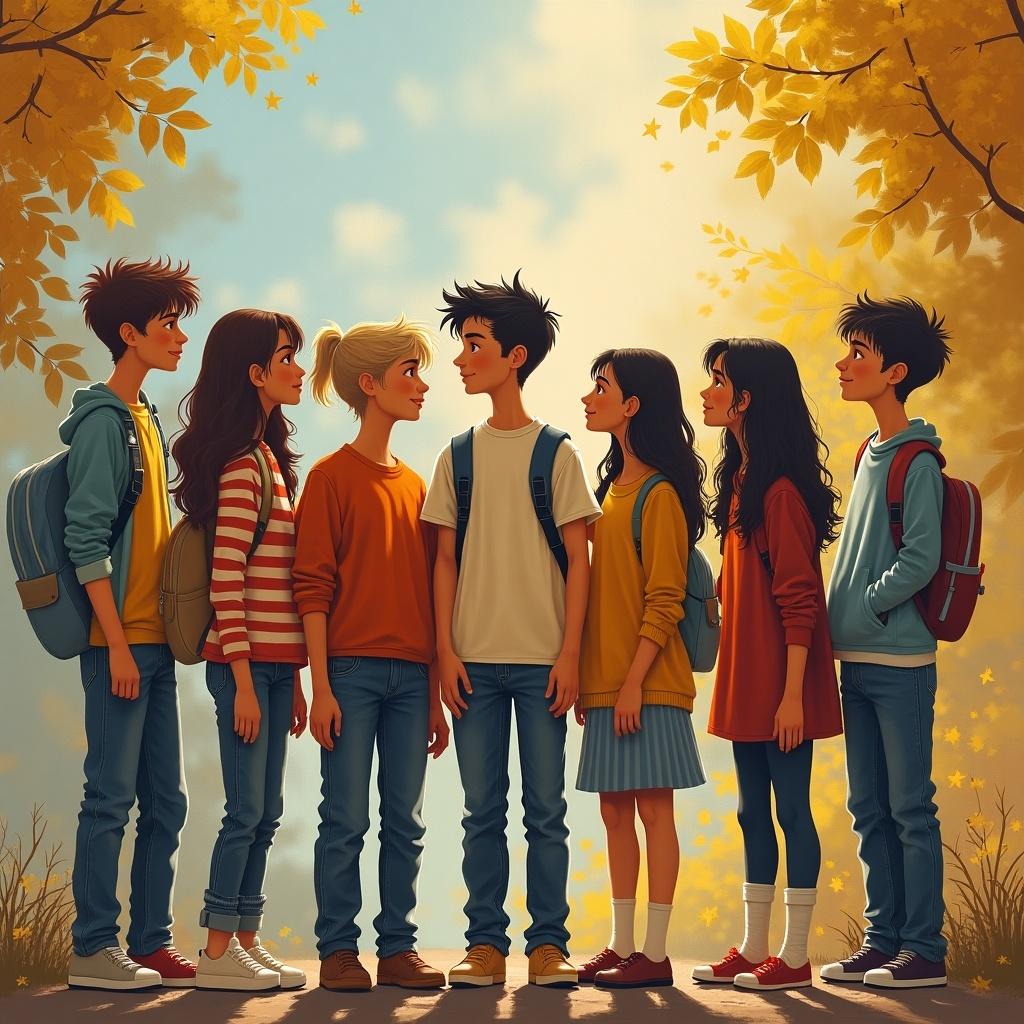 Group of six students standing together in an autumn setting. They are smiling and engaging with each other. Golden leaves surround them creating a warm atmosphere.