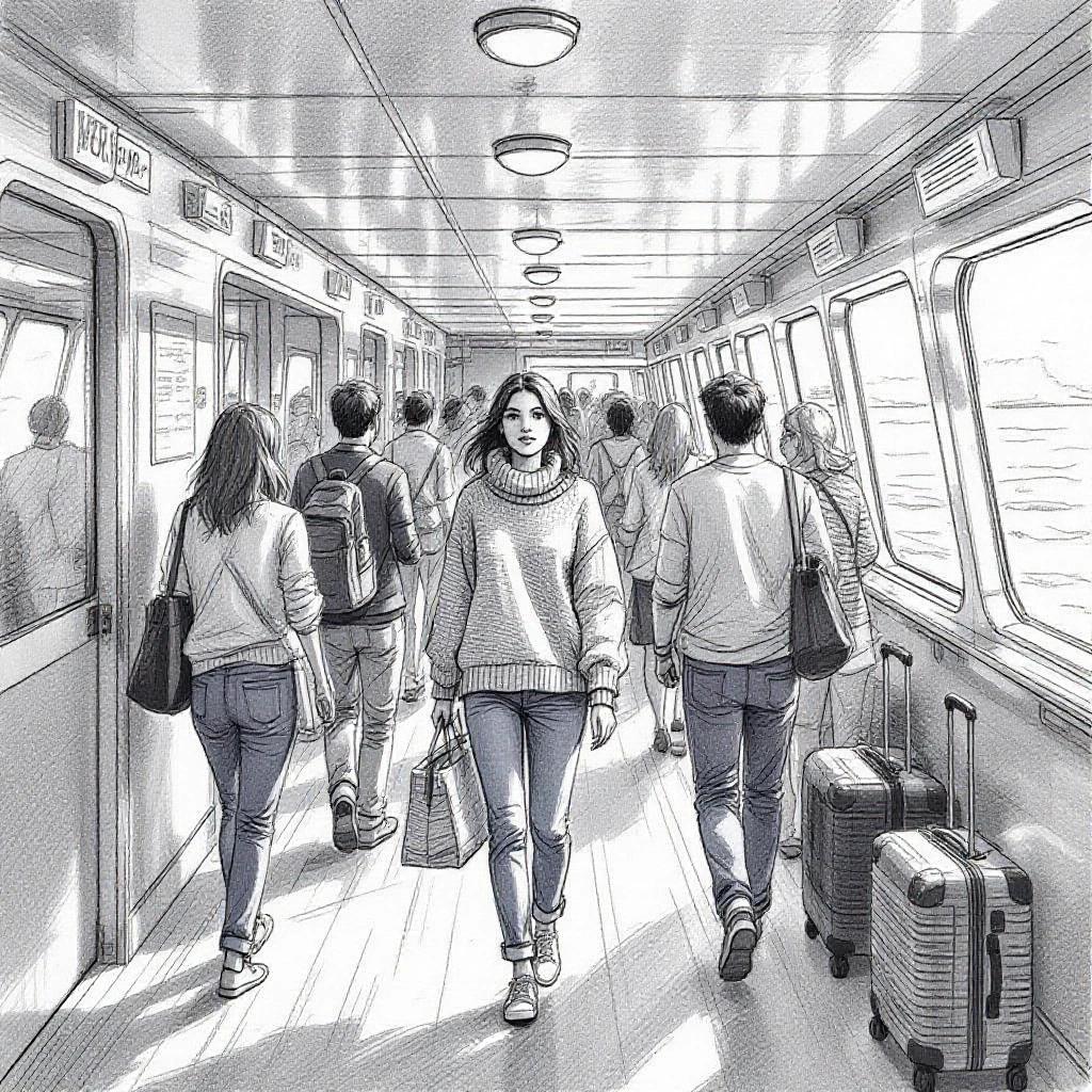 A detailed pencil sketch of a crowded hallway on deck B of a ferry. Passengers move in both directions with bags, summer clothes, and casual vacation outfits. The corridor is narrow with overhead lighting and cabin doors on both sides. One young woman stands near the wall, trying to stay out of the way, wearing an oversized sweater and jeans, partially obscured by the flow of people. Luggage wheels, murmured conversations, and soft shadows add depth. The style mimics classic European comics.