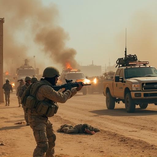 Children engaged in combat in a war zone with pickup trucks and machine guns. Bodies of terrorists visible. Fire and chaos surrounding them. Large scale conflict scene showing children's bravery and overwhelming opposition.