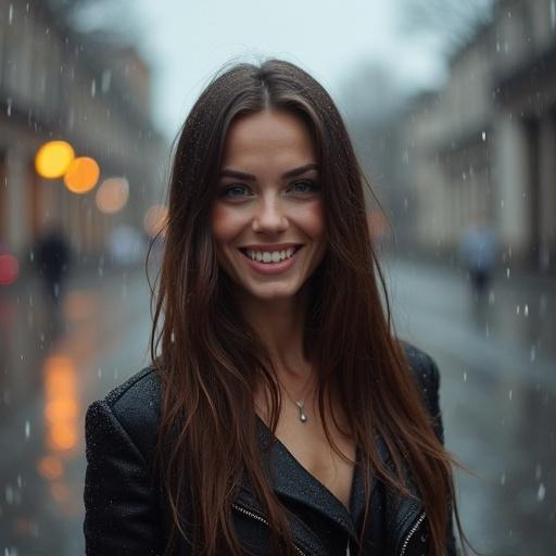 Brunette woman smiles in the rain. Urban street scene backdrop. Soft ambient light.