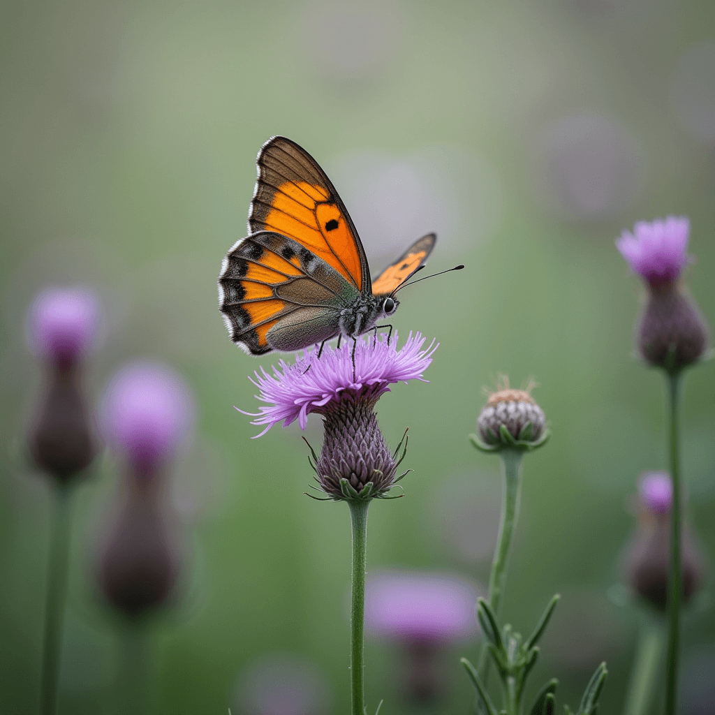 A vibrant butterfly perched on a blooming purple flower amidst a blurred garden backdrop.