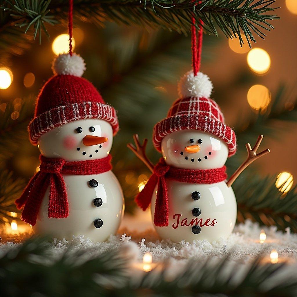 Christmas-themed image features a snowman and a Christmas ornament with the name James. The setting has soft lighting and a festive atmosphere.