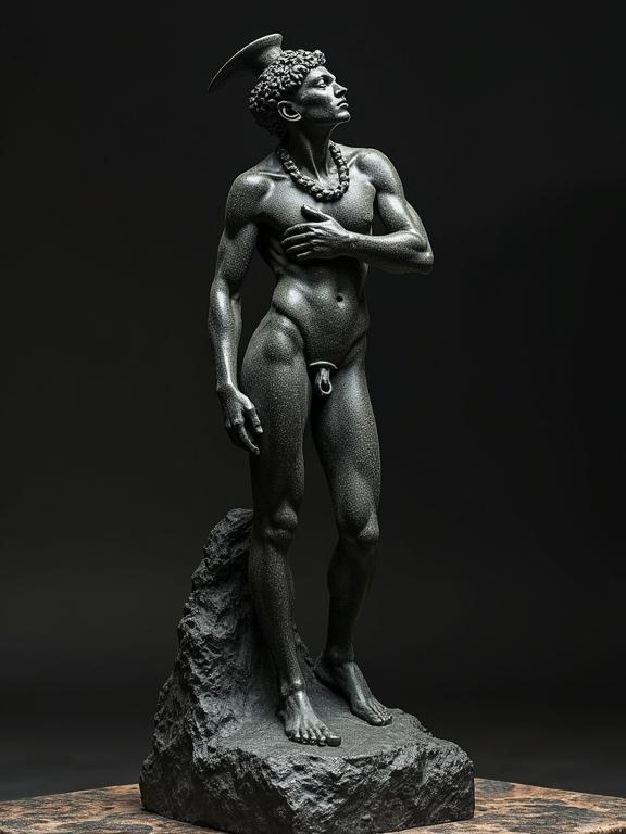 Sculpture of an Egyptian god posed nude atop a black lava base. Scene conveys a mysterious atmosphere with gritty textures. Fantasy art style adopted.