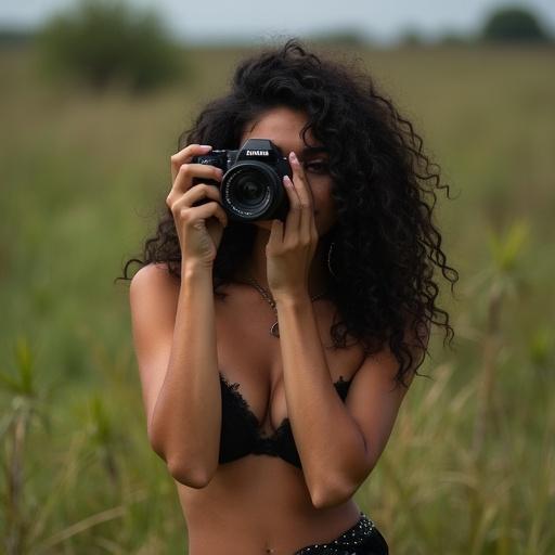 Realistic portrait of a woman with Latin features. She has black hair and brown skin. She is holding a camera and taking a photograph. Environment is natural and serene.