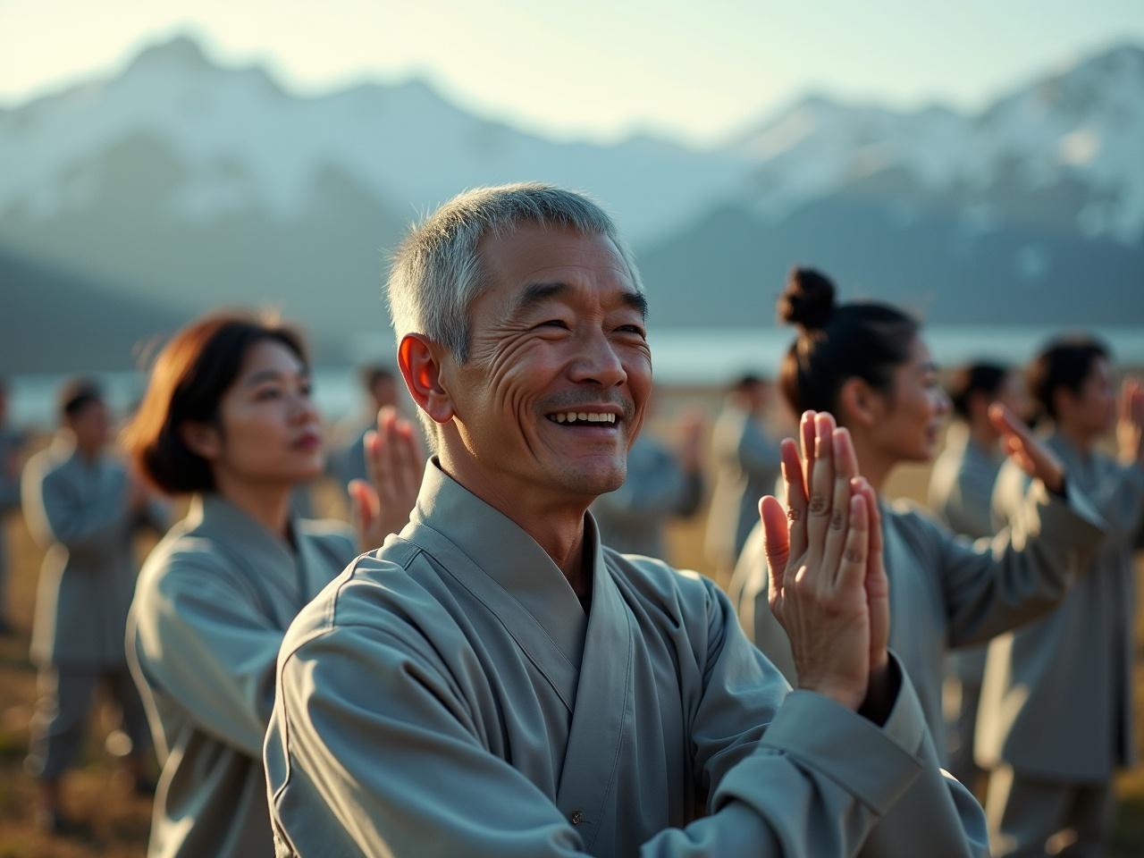 The cinematic image features close-ups of practitioners' faces showing concentration, serenity, and joy as they engage in their Tai Chi Chuan practice. Some practitioners are turned towards the camera, showcasing the global reach of this ancient discipline. The setting is early morning, with snow-capped mountains in the background, enhancing the serene atmosphere. The details are hyper-realistic, capturing the essence of their movements and expressions. The image is shot on an Arriflex, highlighting the artistry and depth of the practice.