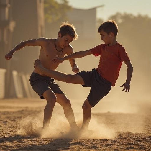 Two boys play in a sandy area. One boy kicks while the other reacts. Action captured during playtime. Warm sunlight illuminates the scene.