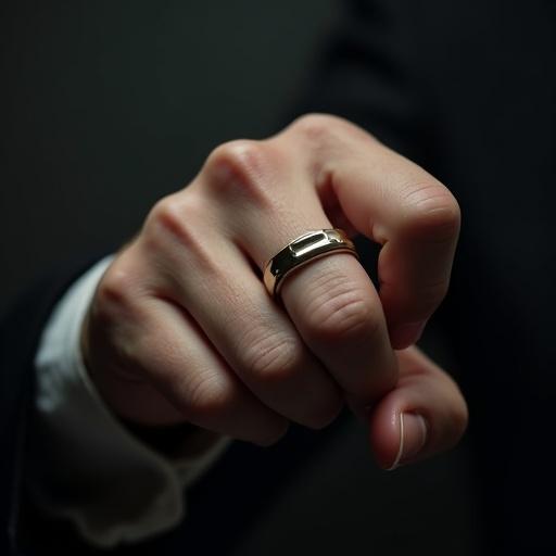 Extreme close-up of a fist with a sleek smart ring on the middle finger. Soft shadows and cinematic lighting create depth. Professional macro lens captures intricate textures and reflections.