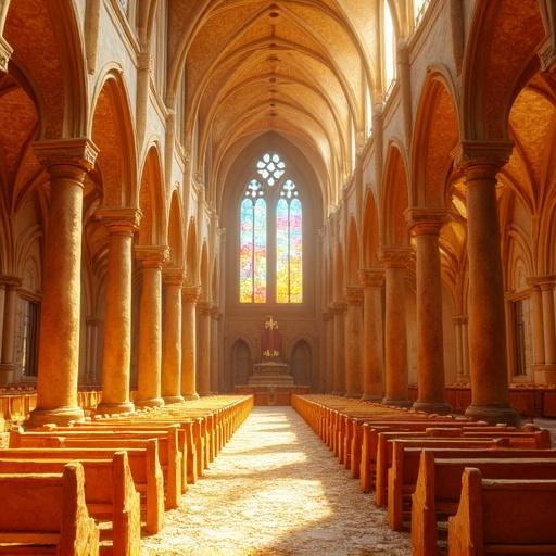A cathedral made from golden-brown bread slices with arches, spires, and pews of different bread types. Stained-glass windows of fruit jellies illuminate the interior. The floor is crumbled bread with a giant brioche altar. Warm light creates a whimsical atmosphere with aromas of toast.