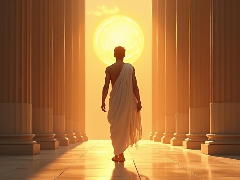 A medium shot of Helios. He has short black curly hair and a golden halo. Dressed in a white tunic, one shoulder exposed. He is nervously walking in a grand classical palace. Hyper-realistic illustration with warm overhead light and golden reflections.
