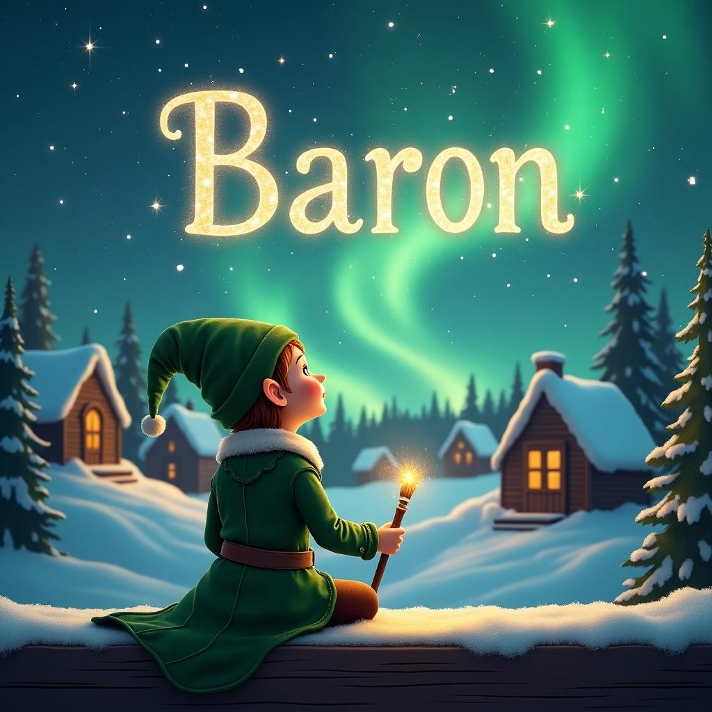 Elf sits on a wooden ledge looking at a magical sky with Northern Lights. Elf wears a festive green outfit holding a wand. The name 'Baron' is written in starry letters above. Snowy landscape with cozy houses and evergreen trees is visible.