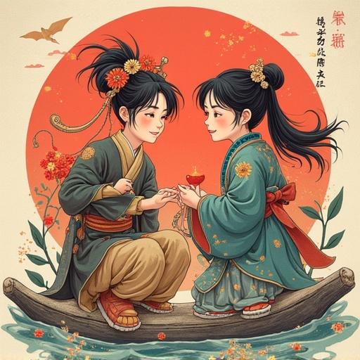 Two girls in traditional attire on a small boat. One girl hands a drink to the other. Bright colors with floral decorations. Background displays a large red circle. A fantasy atmosphere with soft lighting.