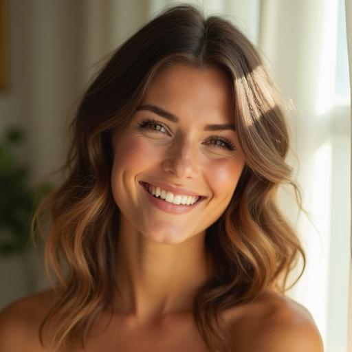 Photography captures a woman in a sunlit room. Soft light filters through curtains. Hair falls in waves. There is a warm smile. Makeup enhances features for emphasis.