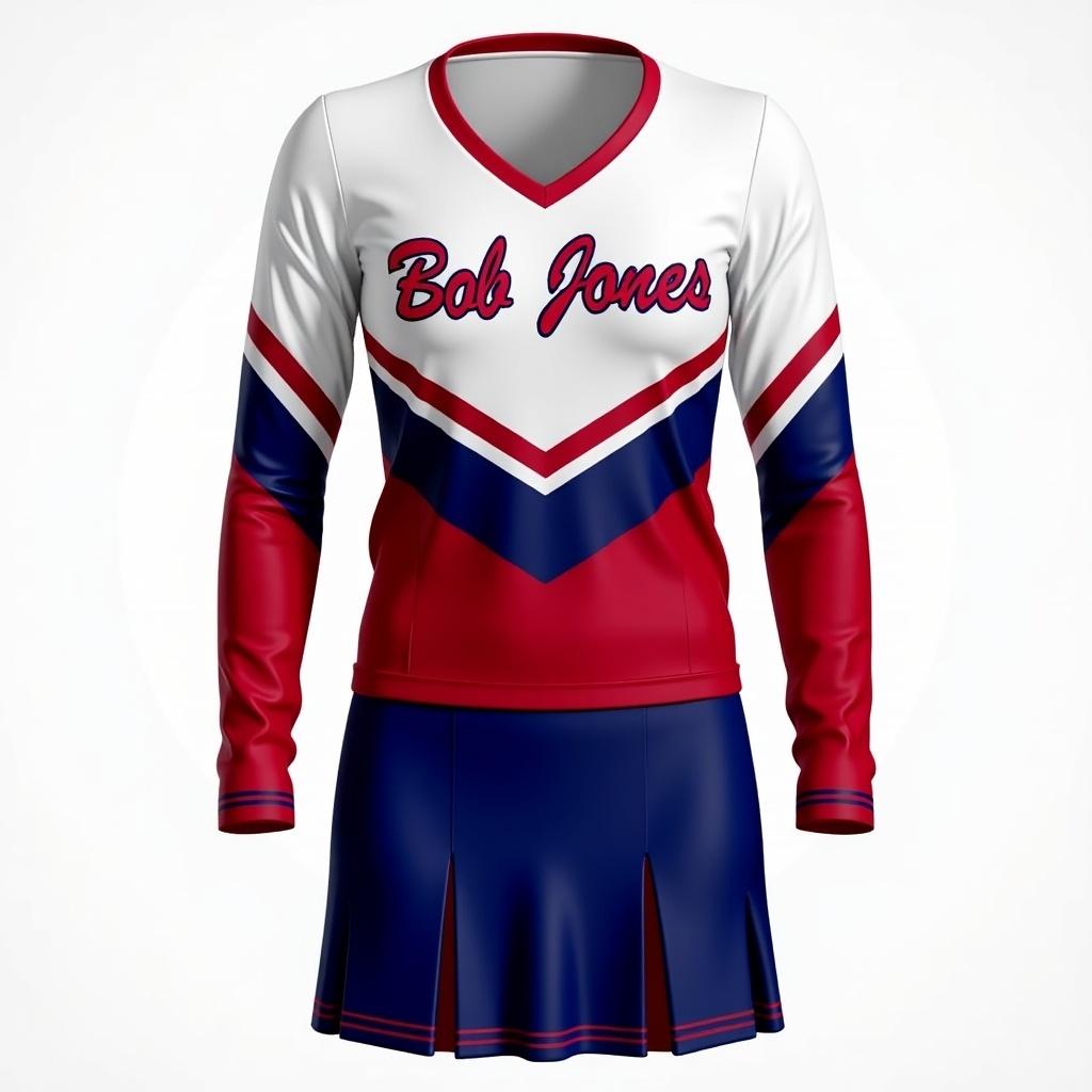 Cheerleading uniform in red white and blue colors. Features Bob Jones on the chest. Long sleeves. Skirt included.