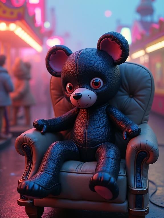 A cute teddy bear character sitting in a chair. The bear has a black latex suit with stitched textures. It features mismatched cookie eyes and cracked porcelain details. The background shows a theme park with carnival lights and a surreal pastel fog, infused with glowing neon seams.