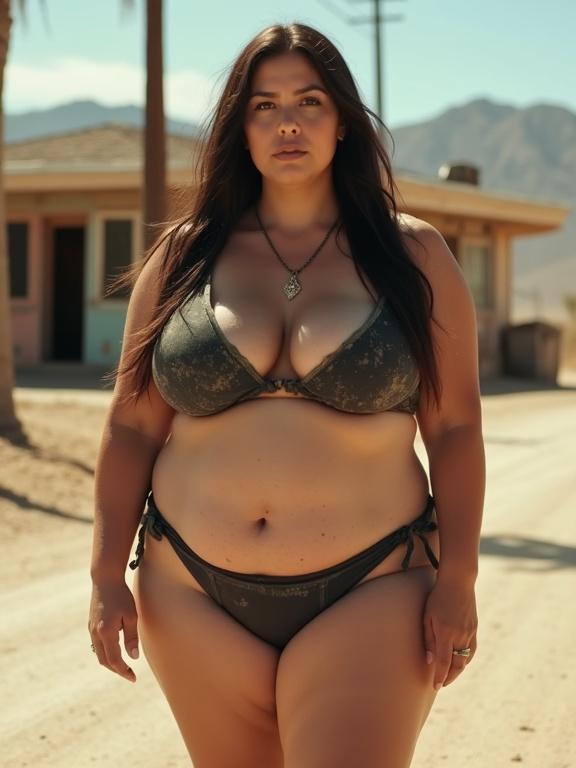 Voluptuous mature woman stands on dusty desert road. Long dark brown hair flows down. Wears faded dark bikini with frayed edges and small tears. Skin is tanned with scars. Old rundown motel visible in background. Environment appears harsh. No modern technology present.