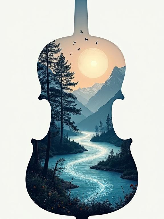 Double exposure art features a violin silhouette with a mountainous landscape inside. The sound waves from the violin shape rivers in the valleys. Musical birds fly along melodic lines. Northern lights shimmer above. Floral elements grow from sound waves. The violin's edges blend into forest surroundings.