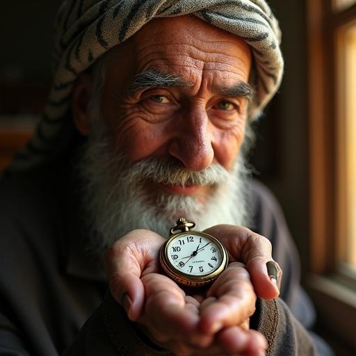 Close-up portrait of an elderly Middle Eastern man. He has wise eyes and a gentle smile. His weathered skin shows life experiences. An ant's-eye view captures his hand holding an antique pocket watch. Warm light comes from a window, illuminating the watch face and his expression. The composition evokes timelessness and introspection.