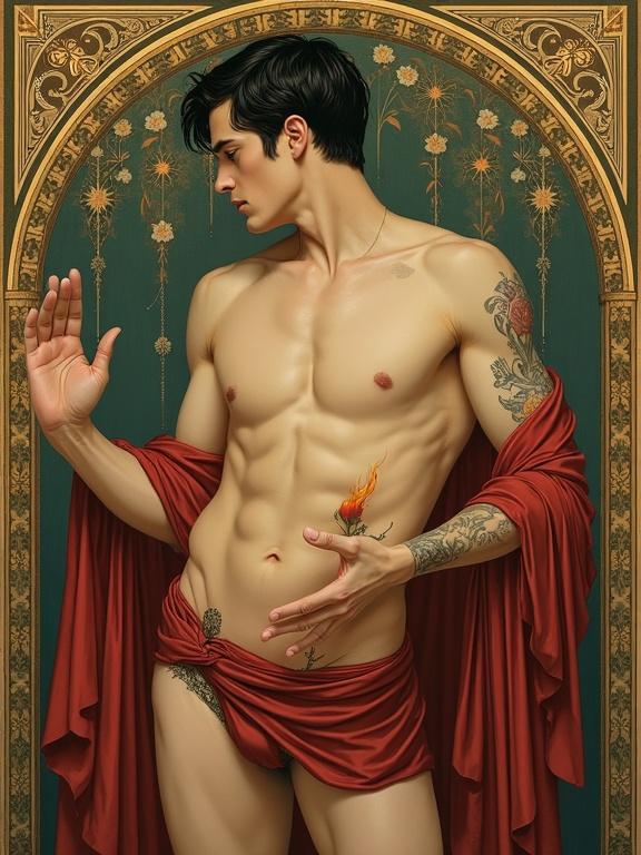 An Art Nouveau oil painting style depicting Asmodeus. Portray a muscular and toned man with dark hair and defined abs. Display prominent tattoos. Convey warmth and power without cruelty. Include symbols like subtle flame and flowing sash. Use Mucha's characteristic lines and ornamental elements. The background should evoke sacred pleasure and calm strength.