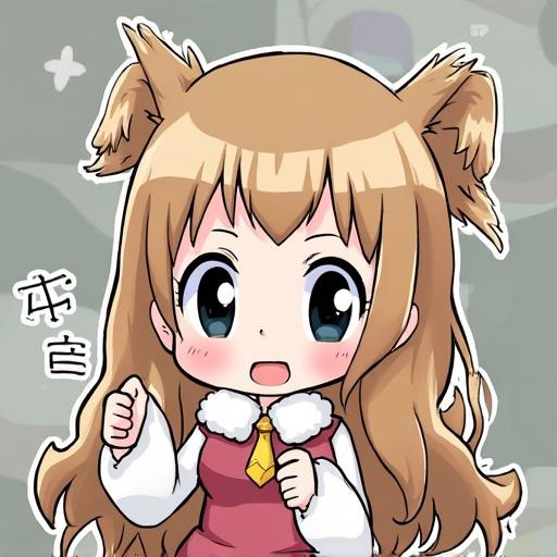 Cute anime character with animal ears in chibi style. Bright colors and cheerful expression. Character wears a school-like outfit with a tie and has long hair.