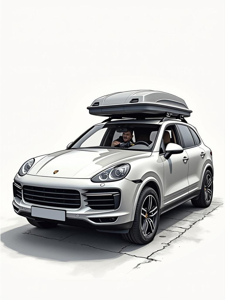 Porsche Cayenne parked with a roof rack box. Scene depicts a tense moment between an intruder and the driver.