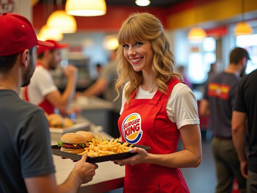 The image depicts a cheerful Burger King employee serving food to a customer. She is wearing a red uniform with the Burger King logo and is holding a tray filled with a hamburger and fries. The restaurant has a modern interior with warm lighting and customers in the background. The employee has a friendly smile, showcasing customer service. This scene captures the essence of fast food dining experiences.